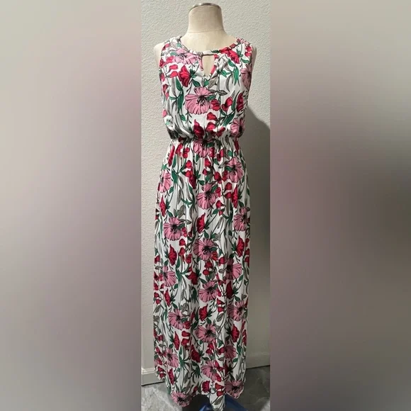 French Grey Dresses | French Grey Maxi Full Length Dress White W/Pink Floral Pattern Size Medium Nwot | Color: Pink/White | Size: M | Val21p's Closet